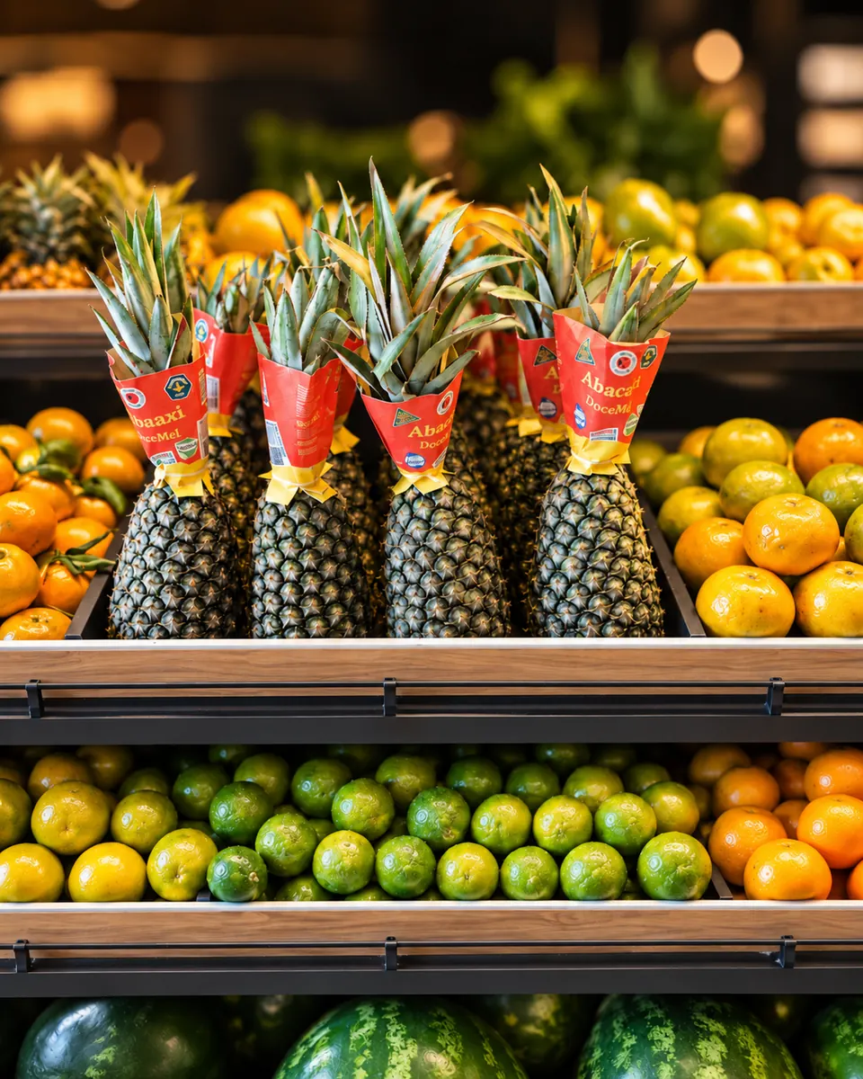 Abacaxis, laranjas e limões frescos expostos na Le Fruit