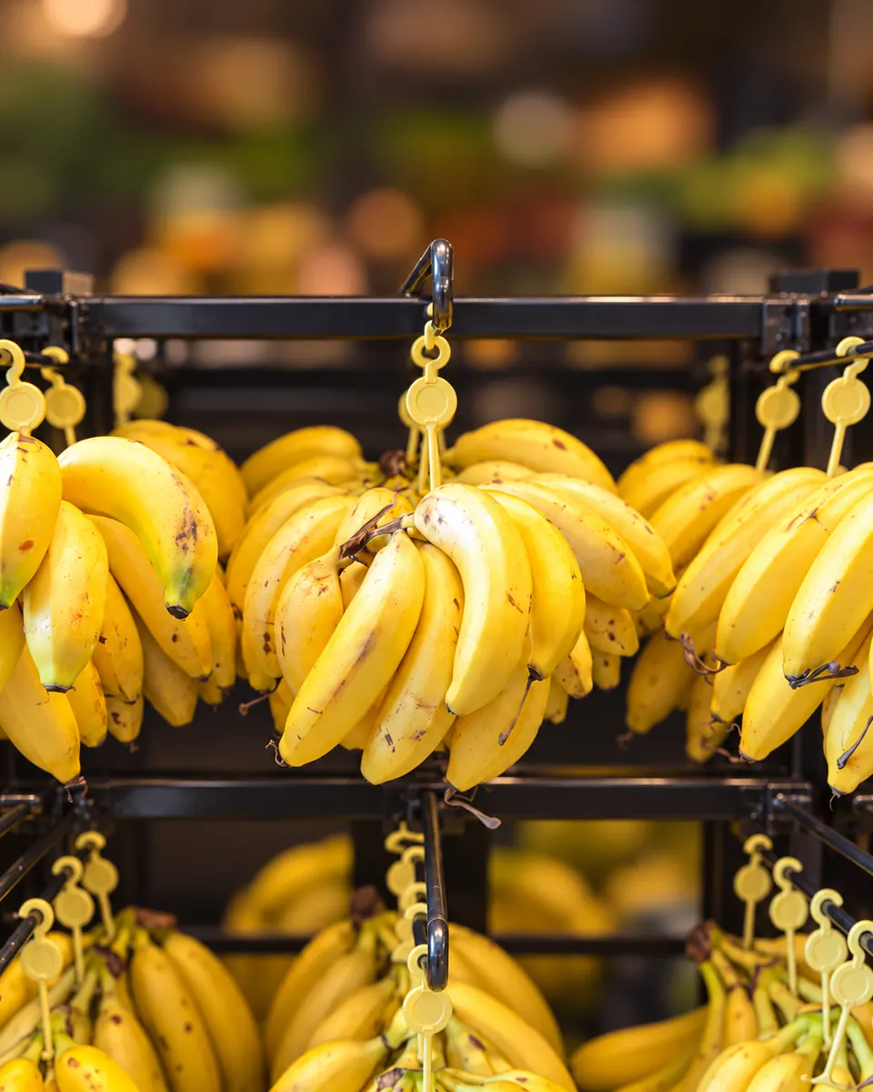 Cachos de banana expostos na Le Fruit