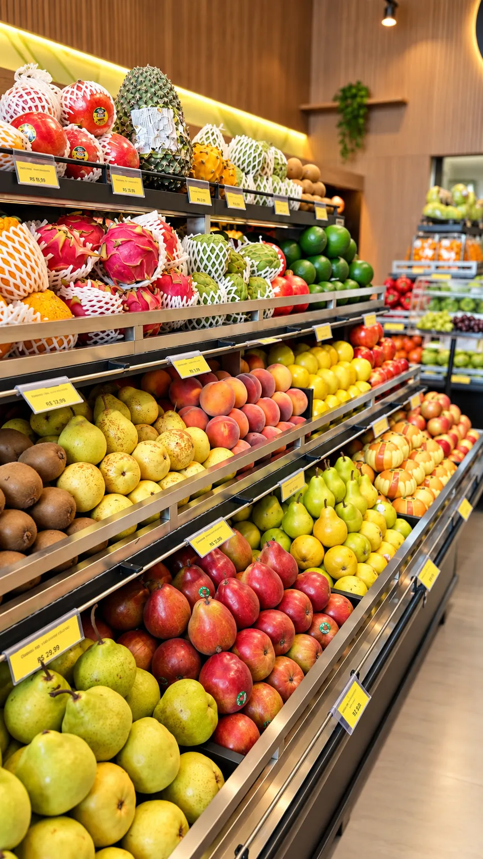 Gôndola de frutas frescas selecionadas na Le Fruit em Maringá