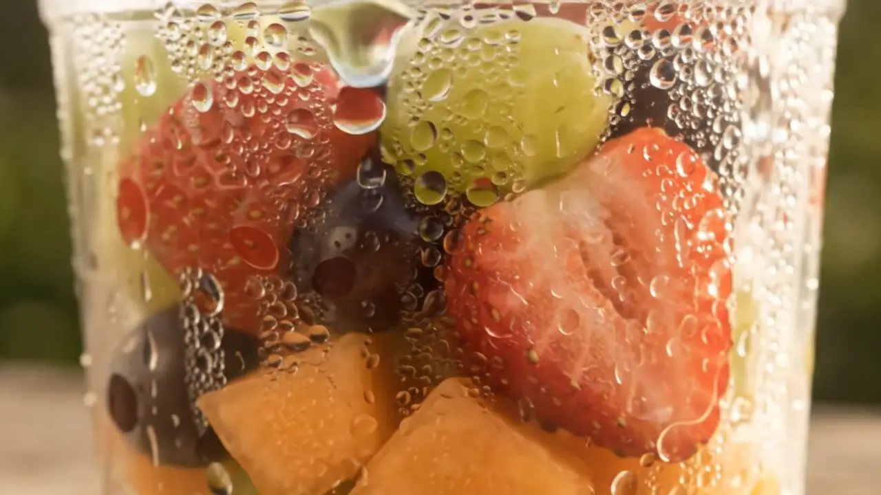 Frutas frescas em close com gotas de água: morango, mirtilo, uva e melão