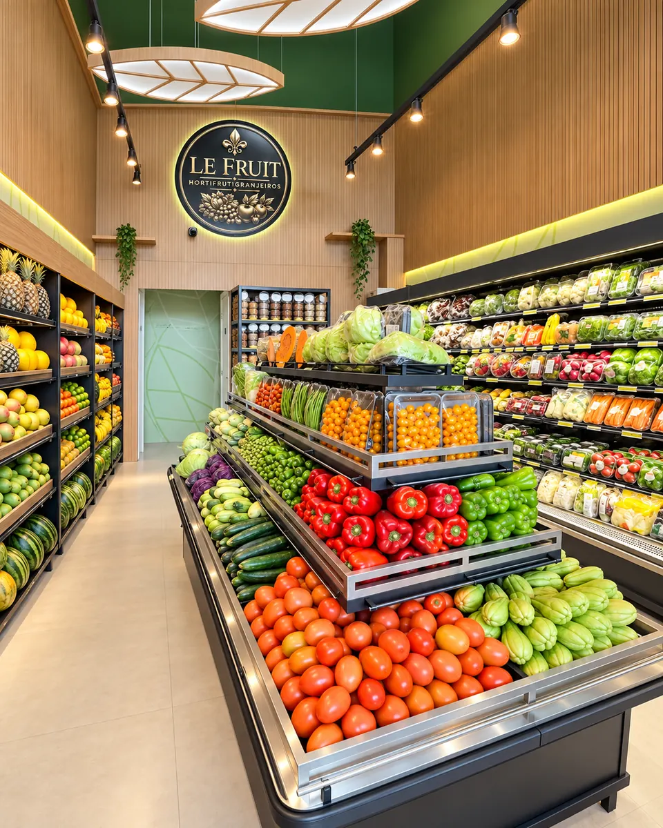 Interior da Le Fruit com ilha de frutas e legumes