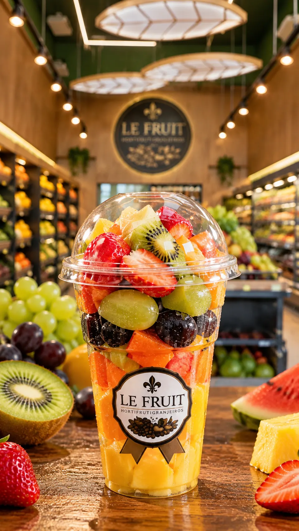 Salada de frutas no copo com a marca Le Fruit