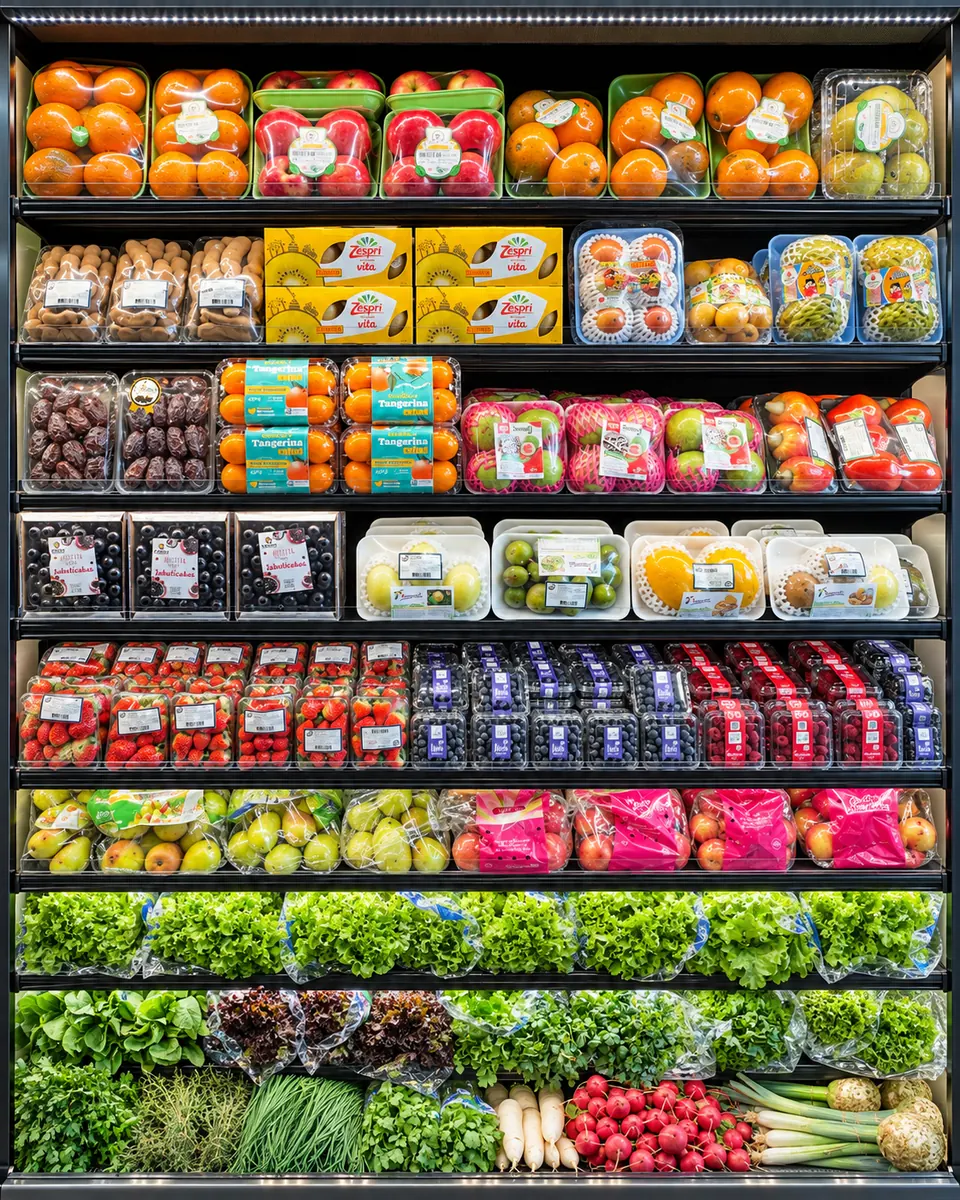 Expositor refrigerado com frutas e verduras embaladas