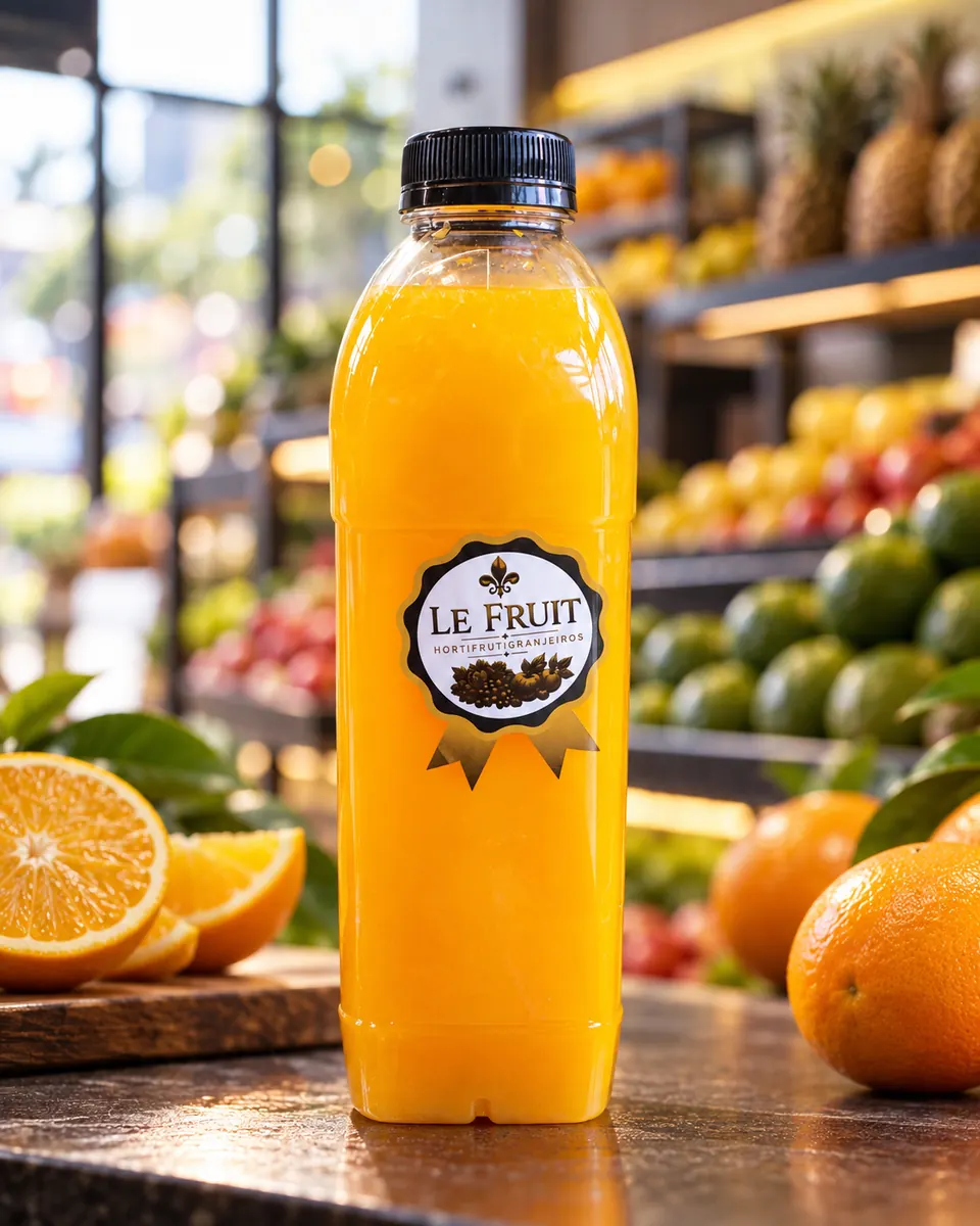 Garrafa de suco de laranja com o selo Le Fruit e laranjas frescas